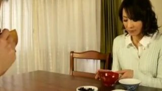 Careful Japanese step mom helps her son jerk off